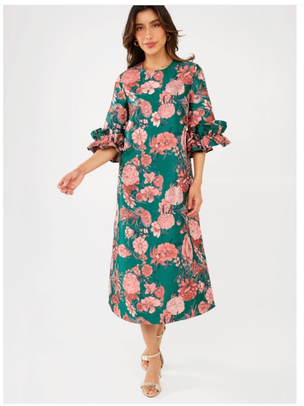 Abbey Glass XS Bronwyn Jacquard ruffle midi dress forest mum